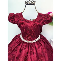 Vestido Infantil Marsala Realeza Renda Princesa Luxo Festa