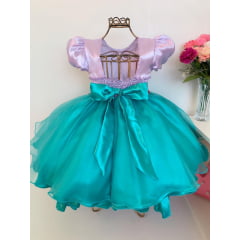 Vestido Infantil Ariel Fundo do Mar Verde e Lilás Luxo Festa