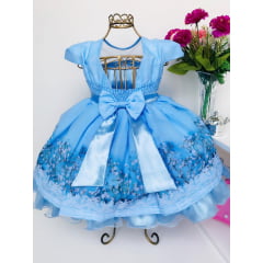 Vestido Infantil Azul Daminhas e Princesas Floral Luxo