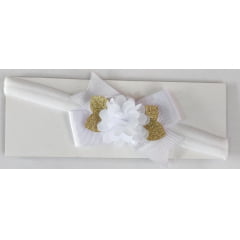 Faixinha de Cabelo Bebê Branco Aplique de Flor Dourada