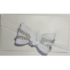 Faixinha de Cabelo Bebê C/ Laço Branco e Florzinha Strass