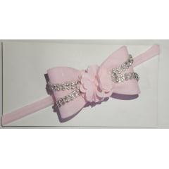 Faixinha de Cabelo Bebê C/ Laço Rosa Bebê e Florzinha Strass