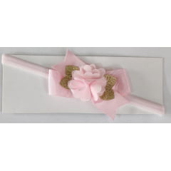 Faixinha de Cabelo Bebê Rosa Bebê Aplique de Flor Dourada