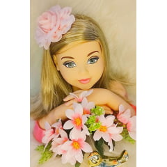 Flor Pompom Rosa Com Bico de Pato e Strass Luxo