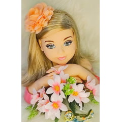 Flor Pompom Salmão Com Bico de Pato e Strass Luxo