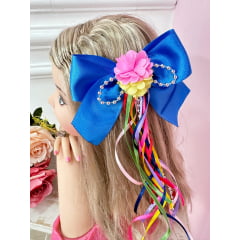 Laço Infantil Junino Azul Royal Com Fitas e Aplique Flor