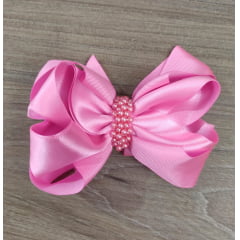 Laço Infantil Rosa Com Pérolas e Bico de Pato Luxo