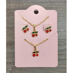 Conjunto Colar Brinco e Pulseira Infantil Cereja