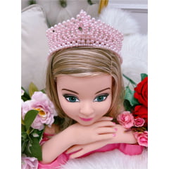 Tiara Infantil Realeza Coroa de Pérolas Rosa Super Luxo