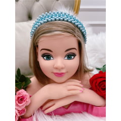 Tiara Infantil de Pérolas Azul Bebê Larga Luxo