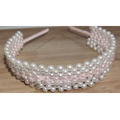 Tiara Infantil de Pérolas Brancas e Rosa Larga Luxo