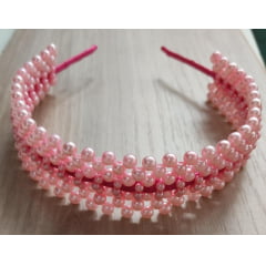 Tiara Infantil de Pérolas Rosa e Pink Larga Luxo