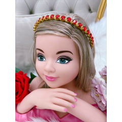 Tiara Infantil Dourada Com Pedras Vermelhas