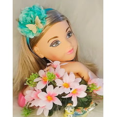 Tiara Infantil Flor Verde Claro Aplique de Borboletas Strass