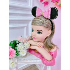 Tiara Infantil Minnie Rosa Chiclete Preta Pérolas Strass Tule