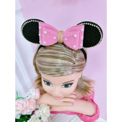 Tiara Infantil Minnie Rosa Chiclete Preta Pérolas Strass Tule