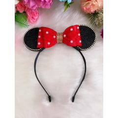 Tiara Infantil Minnie Vermelha e Preta com Pérolas e Strass
