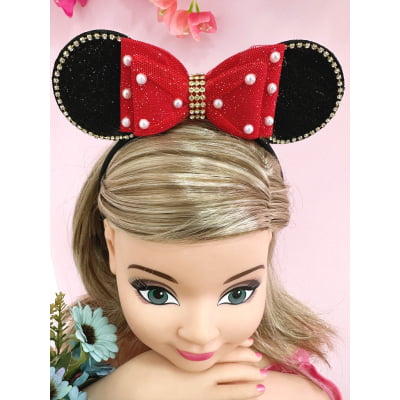 Tiara Infantil Minnie Vermelha Preta Pérolas Strass Tule