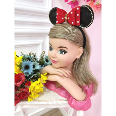 Tiara Infantil Minnie Vermelha Preta Pérolas Strass Tule