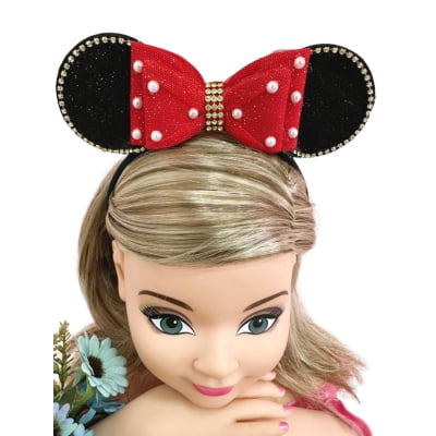 Tiara Infantil Minnie Vermelha Preta Pérolas Strass Tule