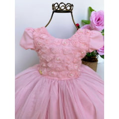 Vestido Infantil Rosa Babados Peito Pérolas Luxo Princesas