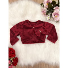 Bolero Infantil de Pelúcia Marsala Plush Botão Laço Strass