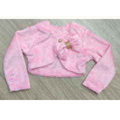 Bolero Infantil de Pelúcia Plush Rosa Com Botão Broche Laço