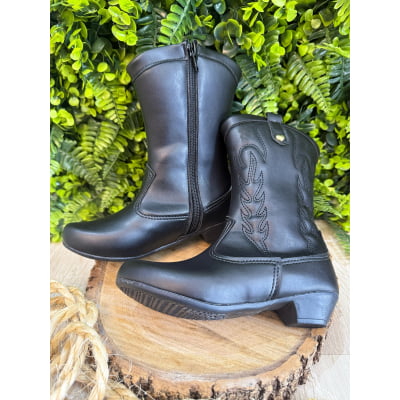 Bota infantil Boiadeira Texana Com Zíper e Salto Preta