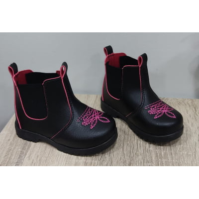 Botinha Infantil Jequinha Junina Caipira Preta Pink Bordada