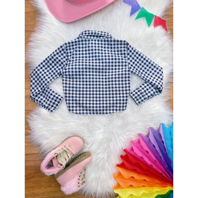 Camisa Meninas em Poliéster, Junino Caipira Branca Com Xadrez Azul