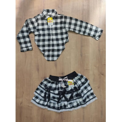 Camisete e Saia Infantil de Flanela Xadrez Preto e Branco