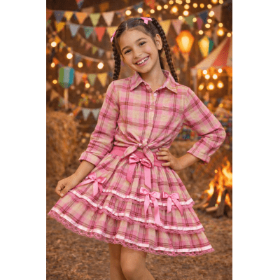 Camisete e Saia Infantil de Flanela Xadrez Rosa Chiclete