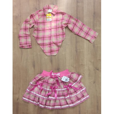 Camisete e Saia Infantil de Flanela Xadrez Rosa Chiclete