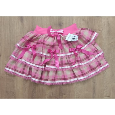 Camisete e Saia Infantil de Flanela Xadrez Rosa Chiclete