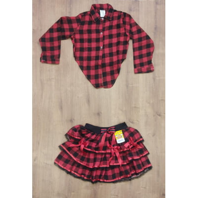 Camisete e Saia Infantil de Flanela Xadrez Vermelho e Preto