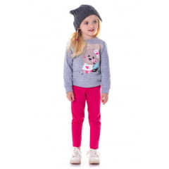 Conjunto Blusa Moletom Cinza Calça Legging Rosa Chiclete