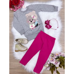 Conjunto Blusa Moletom Cinza Calça Legging Rosa Chiclete