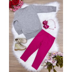 Conjunto Blusa Moletom Cinza Calça Legging Rosa Chiclete