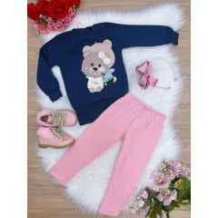 Conjunto Blusa Moletom Infantil Azul M. Calça Legging Rosa