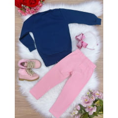 Conjunto Blusa Moletom Infantil Azul M. Calça Legging Rosa