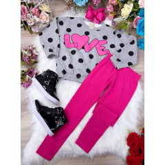 Conjunto de Moletom Blusa Cinza e Calça Pink Love