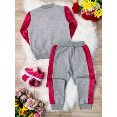 Conjunto de Moletom Blusa Com Zíper e Calça Cinza e Pink