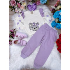 Conjunto de Moletom Blusa Off White Calça Lilás Meu Ursinho
