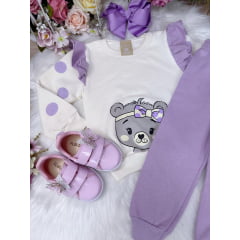 Conjunto de Moletom Blusa Off White Calça Lilás Meu Ursinho