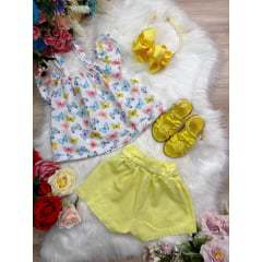 Conjunto Infantil Blusa Borboletas e Short Amarelo