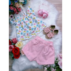 Conjunto Infantil Blusa Borboletas e Short Rosa