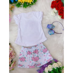 Conjunto Infantil Blusa Branca Sereia Shorts Floral