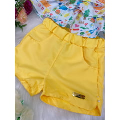 Conjunto Infantil Blusa C/ Babados Branco Estampado Shorts Amarelo