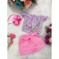 Conjunto Infantil Blusa Colorida Estampada Shorts Rosa Baby