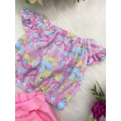Conjunto Infantil Blusa Colorida Estampada Shorts Rosa Baby